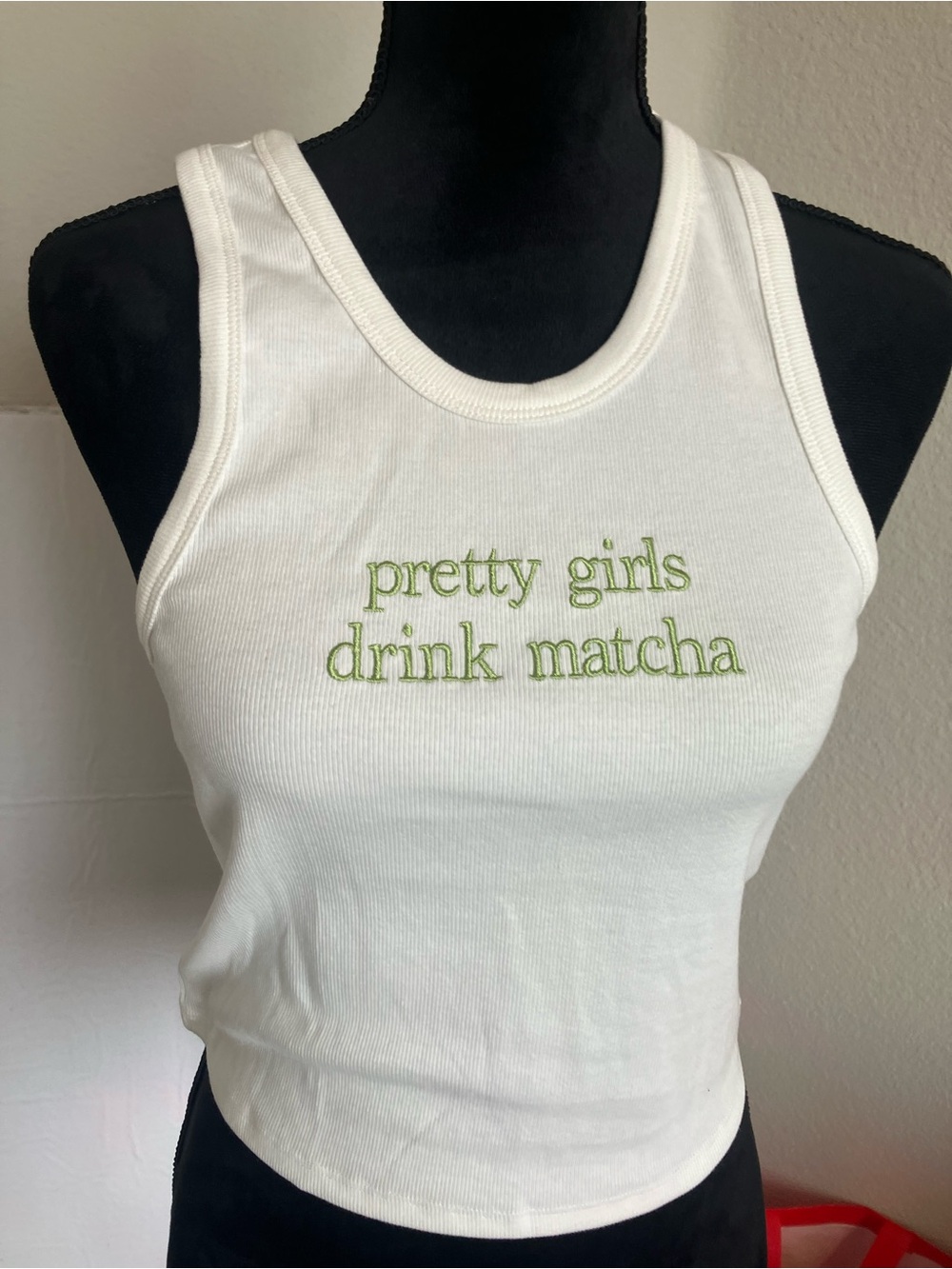 White 'Pretty Girls Drink Matcha' Ribbed Tank Top